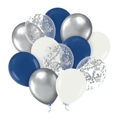 Balónky s konfetami - silver, white and navy blue 30 cm - 12 ks