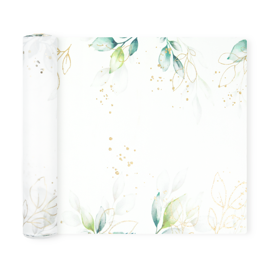 Leaf table runner with a gold floral motif, 275 x 28cm