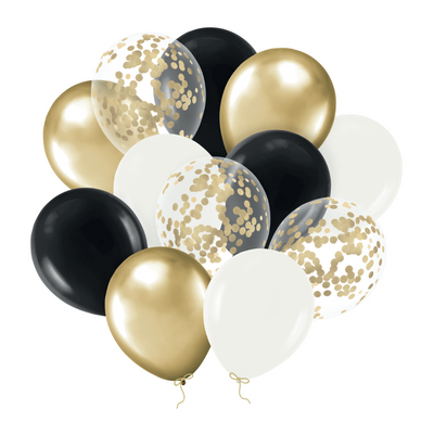 Balónky s konfetami -  black, white and gold 30 cm 12 ks