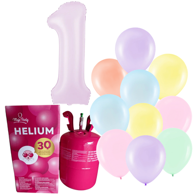 Helium s pastelovými balónky a číslicí 1