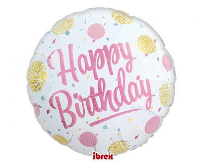 Balónek fóliový Happy Birthday Gold & Pink, kulatý, 36 cm