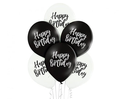 Balónky latexové Happy Birthday, bílo-černé, 30 cm, 6 ks