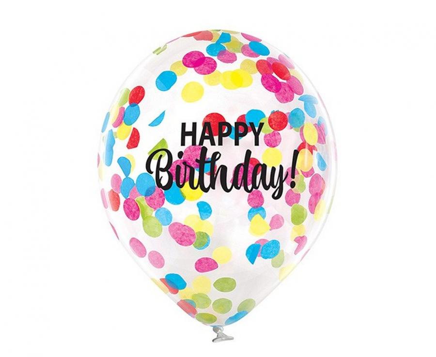 Balónky latexové „Happy Birthday“ s konfetami, 30 cm, 4 ks