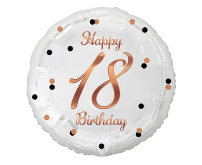 Balónek fóliový Happy 18 Birthday, bílý s růžovozlatým potiskem, 46 cm