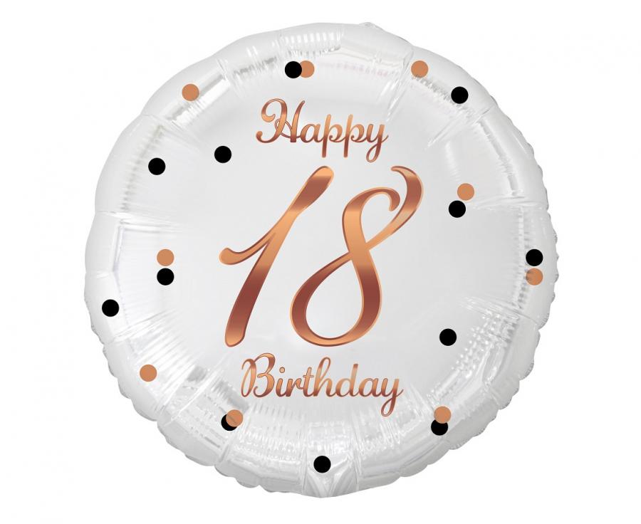 Balónek fóliový Happy 18 Birthday, bílý s růžovozlatým potiskem, 46 cm
