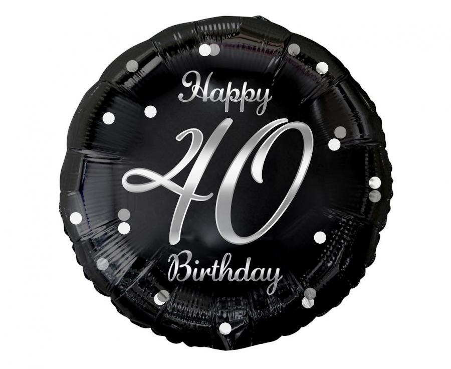 Balónek fóliový Happy 40 Birthday, černý se stříbrným potiskem, 46 cm