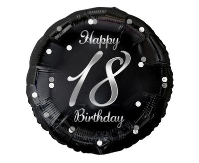 Balónek fóliový 18 Birthday, černý se stříbrným potiskem, 46 cm