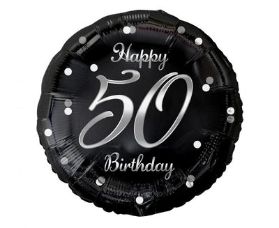 Balónek fóliový Happy 50 Birthday, černý se stříbrným potiskem, 46 cm