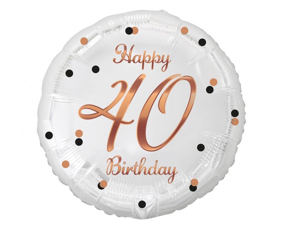 Balónek fóliový Happy 40 Birthday, bílý s růžovozlatým potiskem, 46 cm