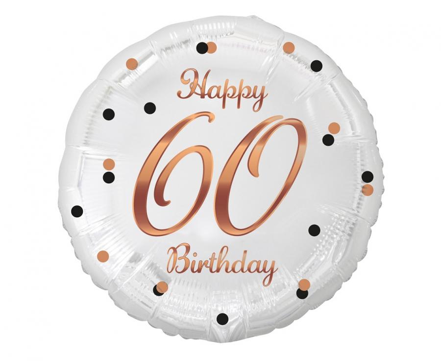 Balónek fóliový Happy 60 Birthday, bílý s růžovozlatým potiskem, 46 cm