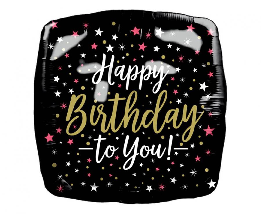 Balónek fóliový Happy Birthday, čtvercový, 46 × 46 cm