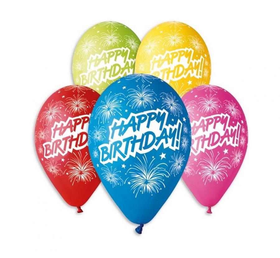 Balónky latexové Happy Birthday s ohňostrojem, 30 cm 5 ks