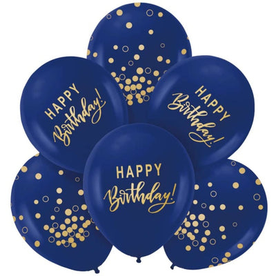 Balónky latexové Happy Birthday tmavě modrá/zlatá 30 cm 6 ks