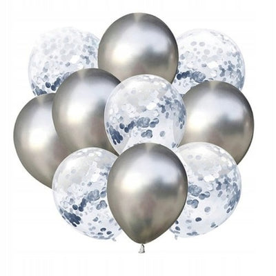 Balónky latexové chromové/s konfetami stříbrné 30 cm 10 ks