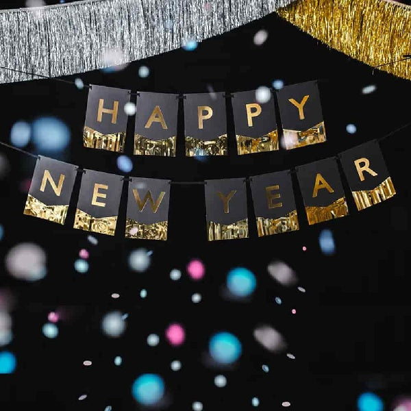 Silvestrovský banner černý Happy New Year 135 x 16,5 cm