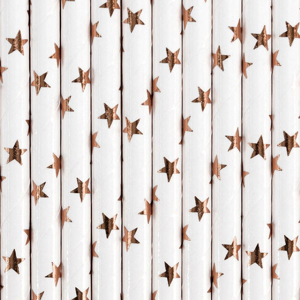 Brčka papírová hvězdičky Rose gold  bílá 19,5 cm 10 ks