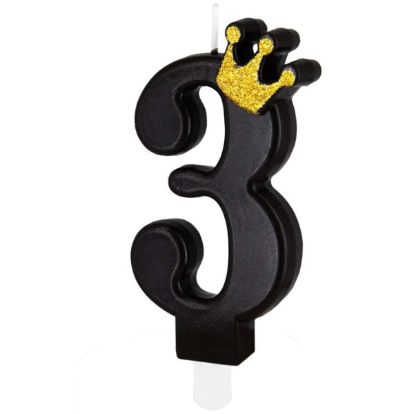 Svíčka dortová Číslice 3 černá s korunkou 8,8 cm