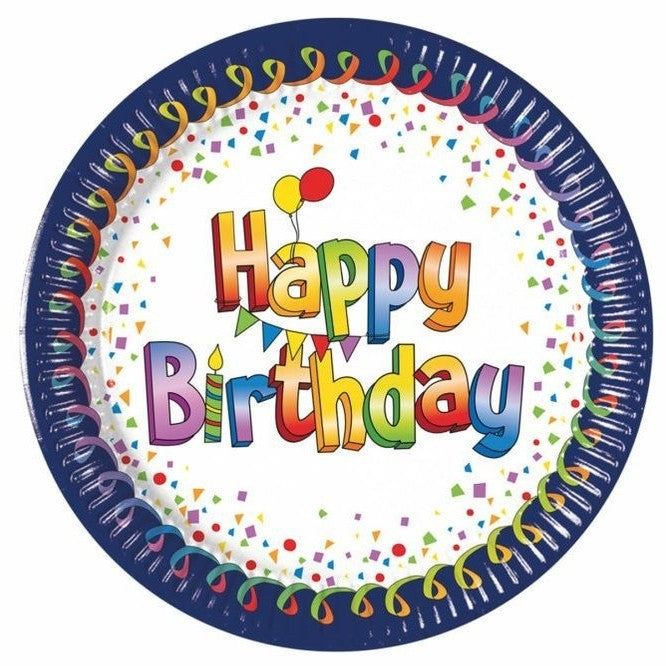 Talířky papírové Happy Birthday modré okraje 23 cm 8 ks