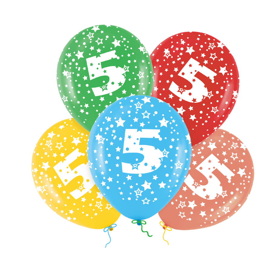 Barevný set - narozeninové balonky latexové (6 ks) 30 cm s číslem 5