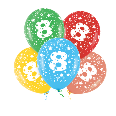 Barevný set - narozeninové balonky latexové (6 ks) 30 cm s číslem 8