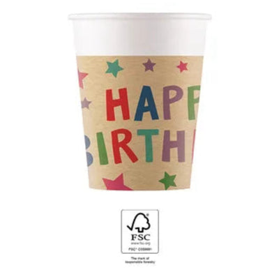 Kelímky papírové Kraft Happy Birthday with Stars 200 ml 8 ks