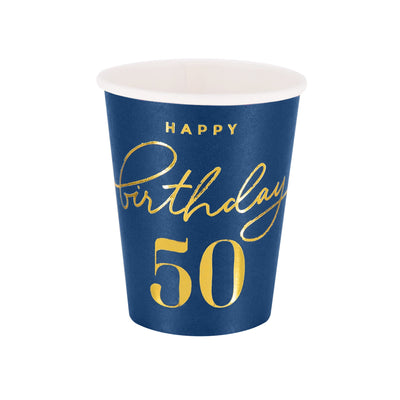 Happy Birthday 50 modré - Kelímky papírové - 220 ml 6 ks
