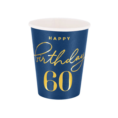 Happy Birthday 60 modré  - Kelímky papírové - 220 ml 6 ks