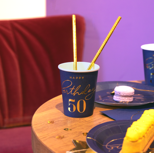 Happy Birthday 50 modré - Kelímky papírové - 220 ml 6 ks