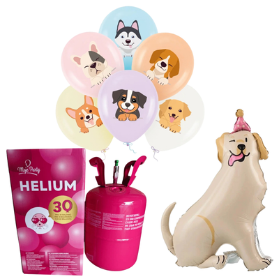 Helium s balónky s pejsky a zlatým retrívrem