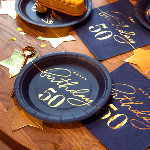 Happy Birthday - narozeniny 50 -  papírové talíře - modré 17 cm 6 ks