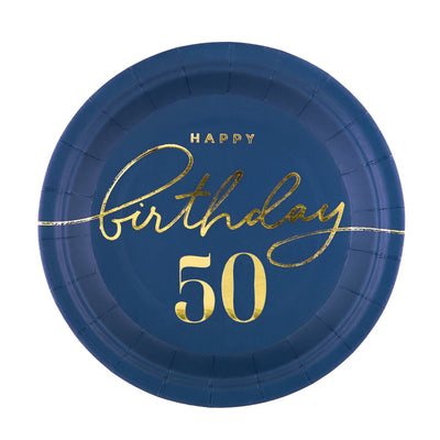 Happy Birthday - narozeniny 50 -  papírové talíře - modré 17 cm 6 ks